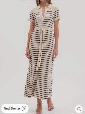 Joie Cream and Black Striped Polo Maxi Dress with Tie Belt In Navy Ivory large